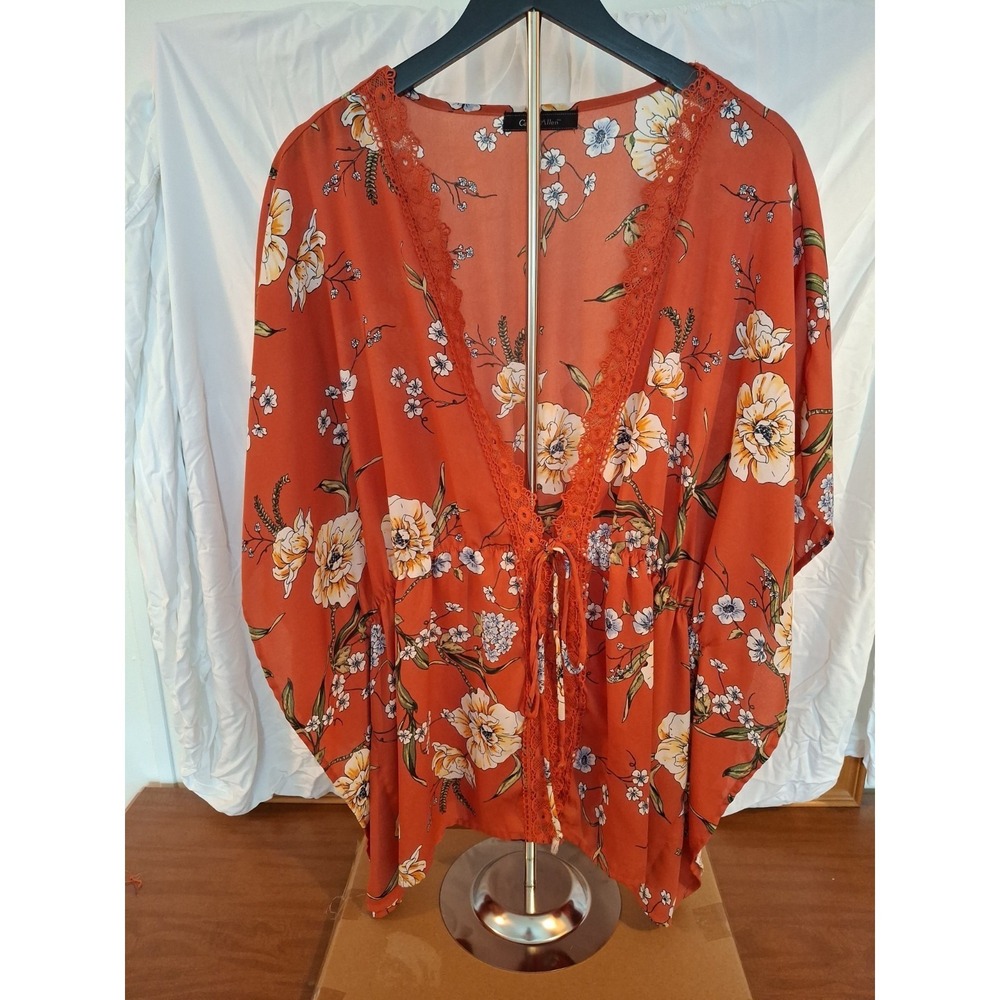 Carrie Allen Burnt Orange Floral Kimono. Lace Trim,elastic at waist. Size XL.